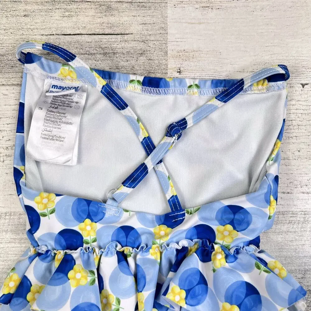 🌵3/$20 Mayoral One Piece Swimsuit Baby Girl 9-12M Blue Floral Ruffle Swim